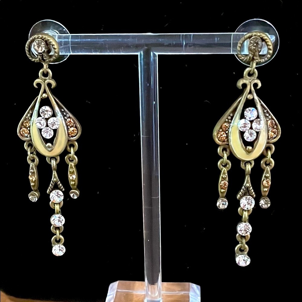 Chandelier cream color enamel clear & amber rhinestones set in antique brass